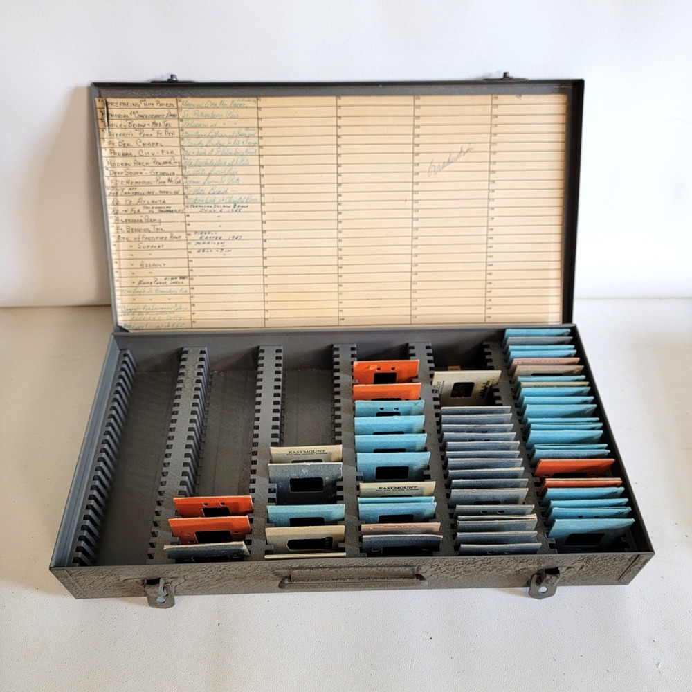 Vintage Metal Slide Storage Case with 35mm Film Slides 1950s Travel Family